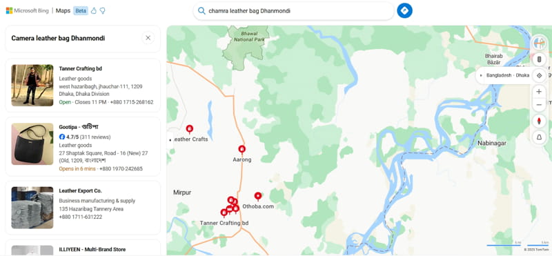 Google’s local pack for “chamra leather bag Dhanmondi